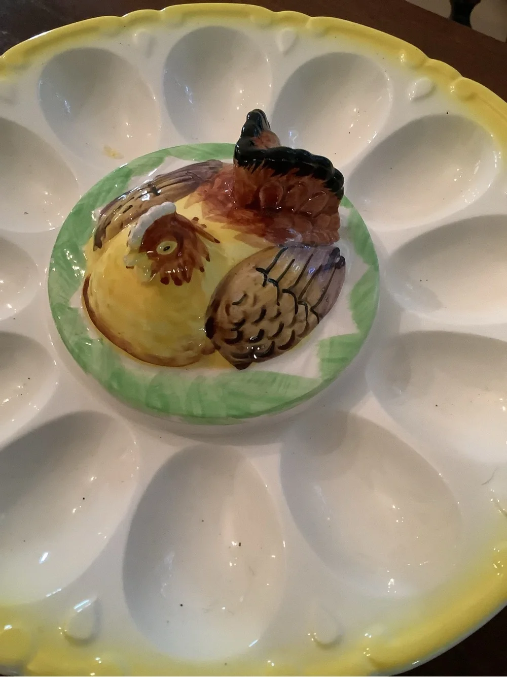 Vintage deviled egg stand with hen toothpick holder